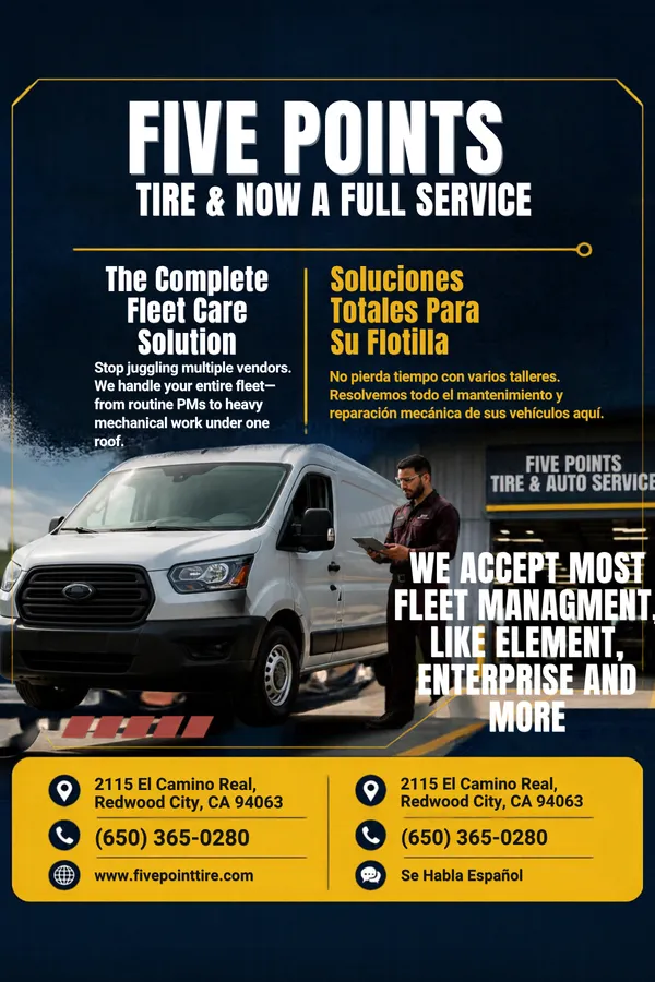 Fleet flyer, card 1: the complete fleet care solution, in English and Spanish, with the shop's address and phone number.
