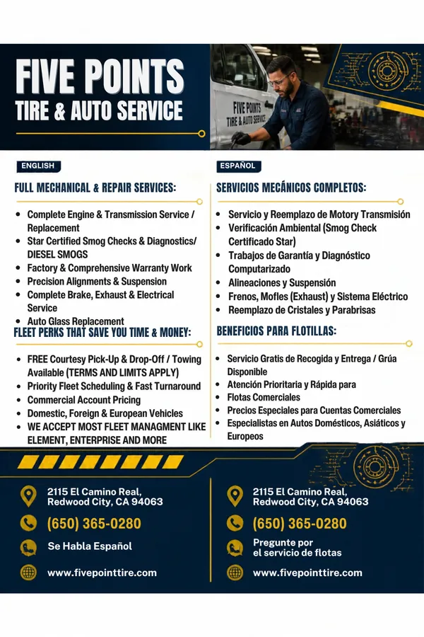 Fleet flyer, card 2: mechanical and repair services and fleet perks, in English and Spanish.
