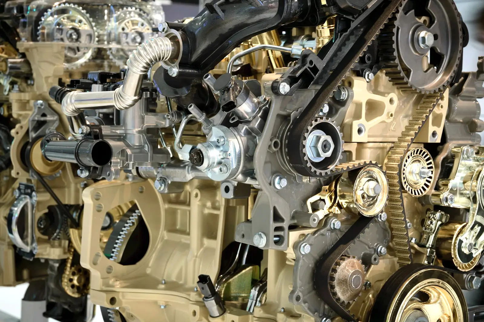 An exposed car engine with its front cover off, showing a toothed timing belt wrapped around the cam and crankshaft sprockets and a tensioner.