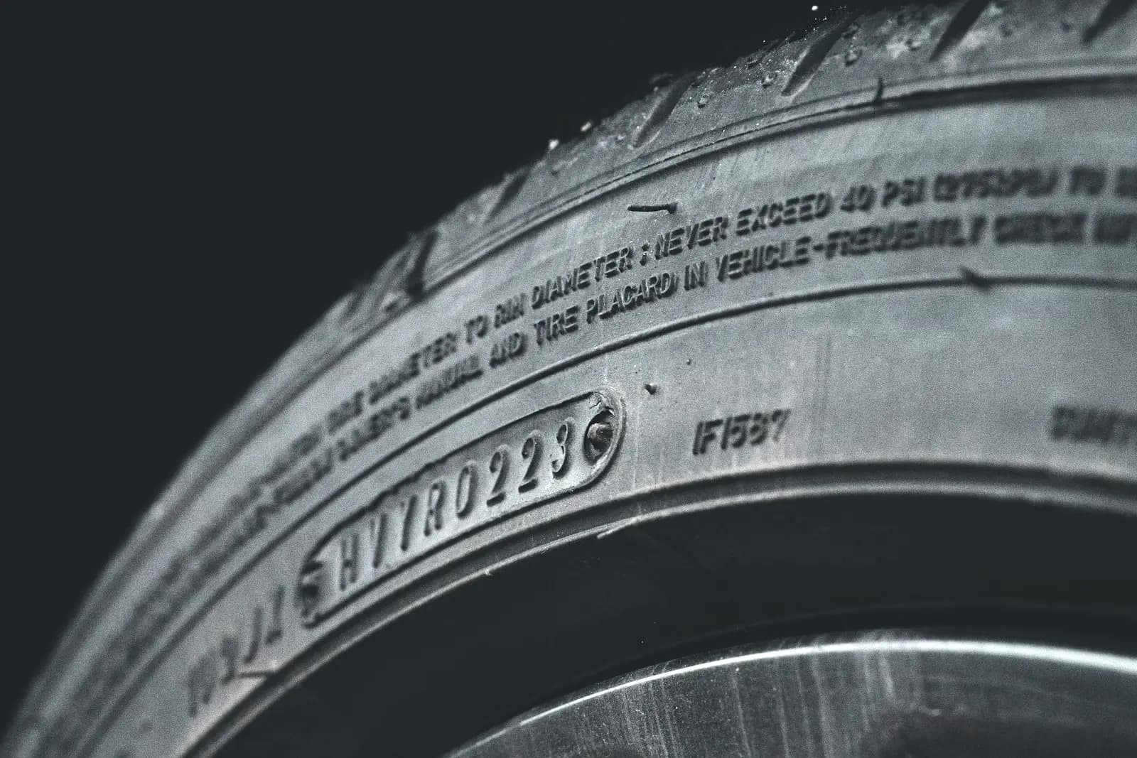 Close-up of a tire sidewall showing the moulded DOT code in an oval ending in four digits, with small pressure warning text above.